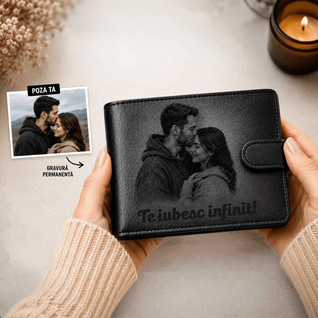 Portofel personalizat din piele naturală cu fotografie și mesaj gravate
